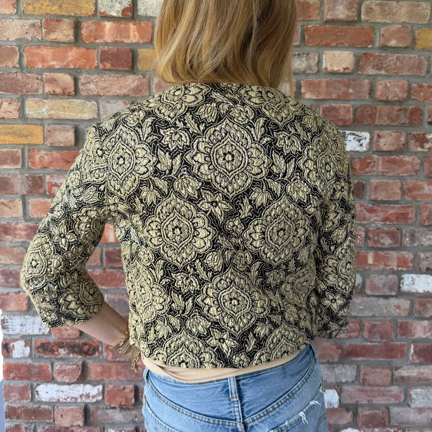 Late 1980s to Early 1990s Black and Metallic Gold Brocade Evening Jacket