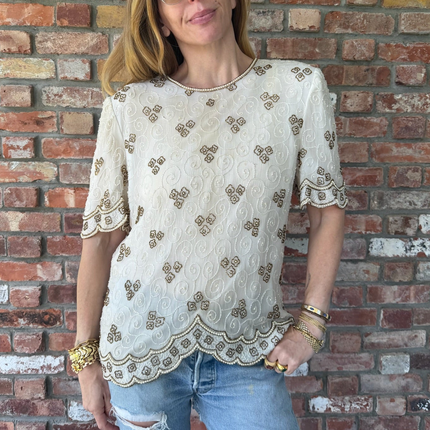 Late 1980s to Early 1990s Ivory Silk Beaded Short Sleeve Blouse