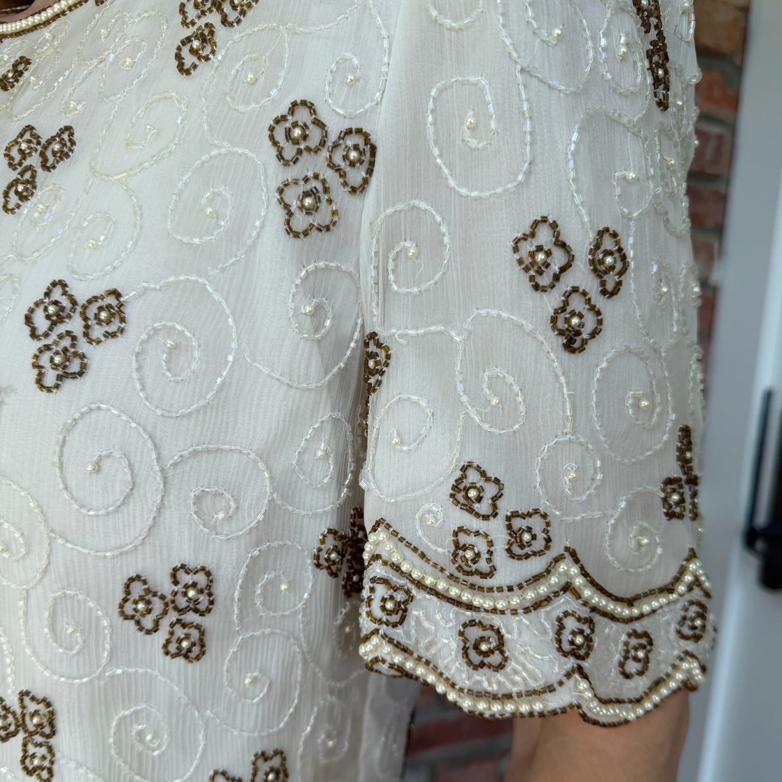 Late 1980s to Early 1990s Ivory Silk Beaded Short Sleeve Blouse