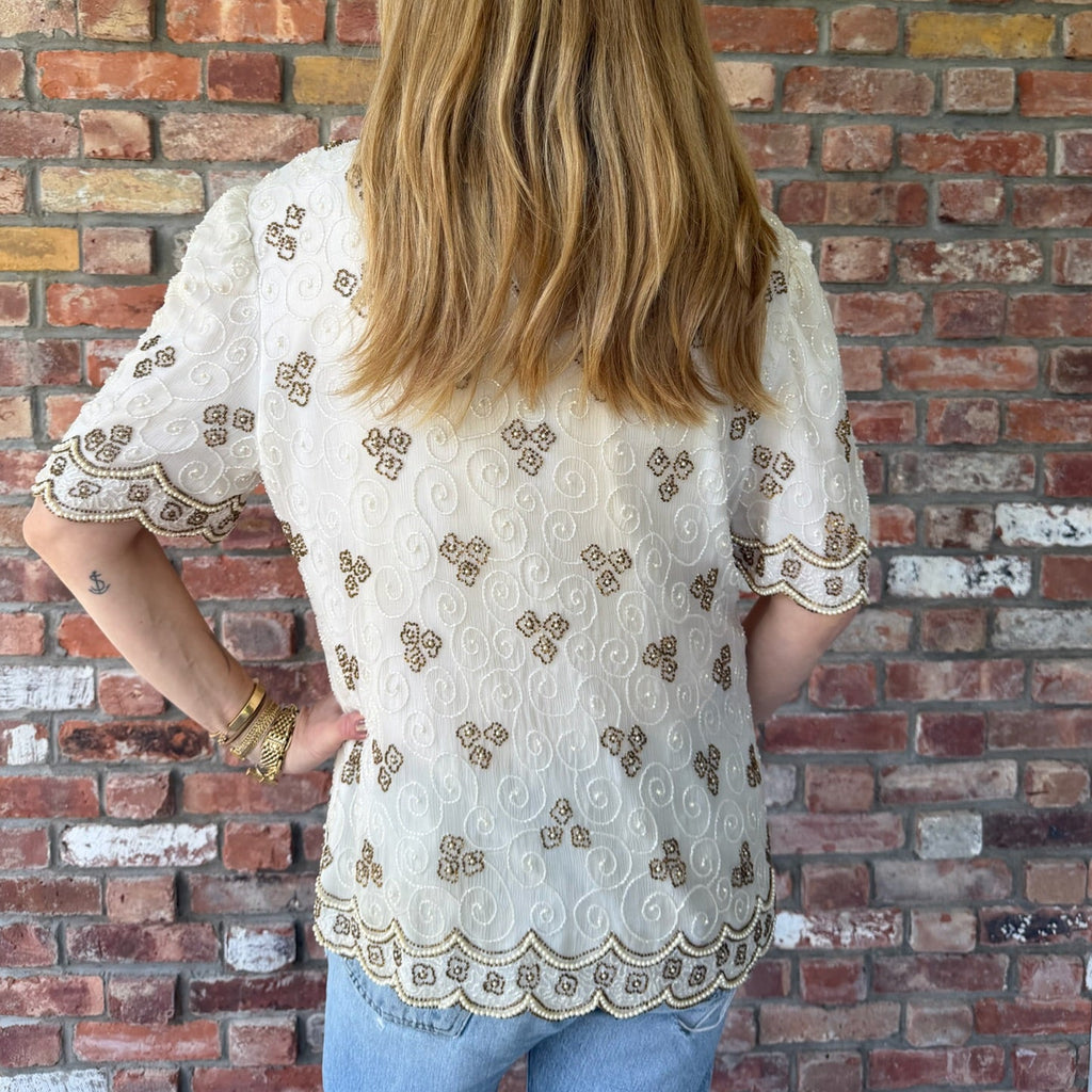 Late 1980s to Early 1990s Ivory Silk Beaded Short Sleeve Blouse