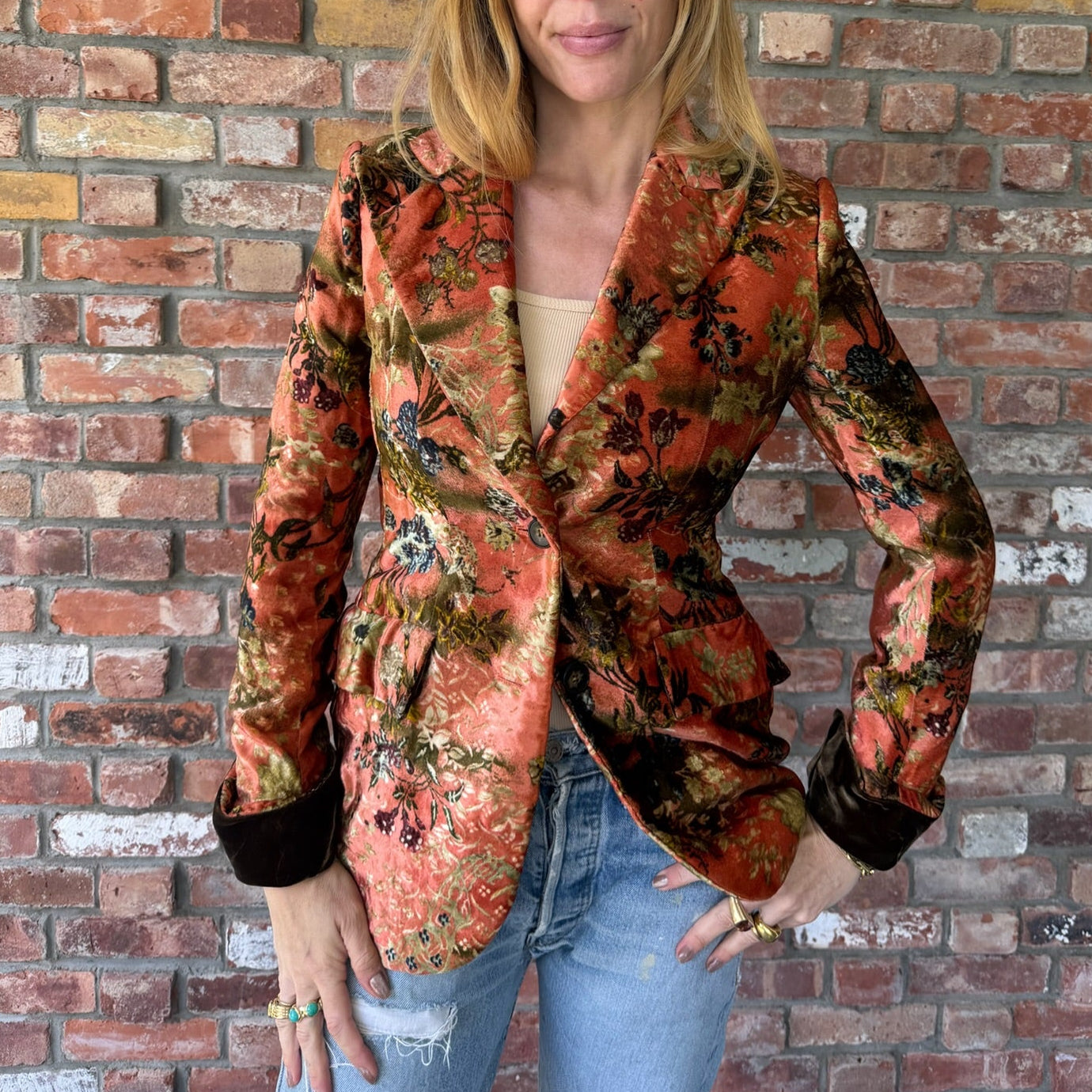 Late 1980s to Early 1990s Bill Blass Apricot Velvet Floral Blazer