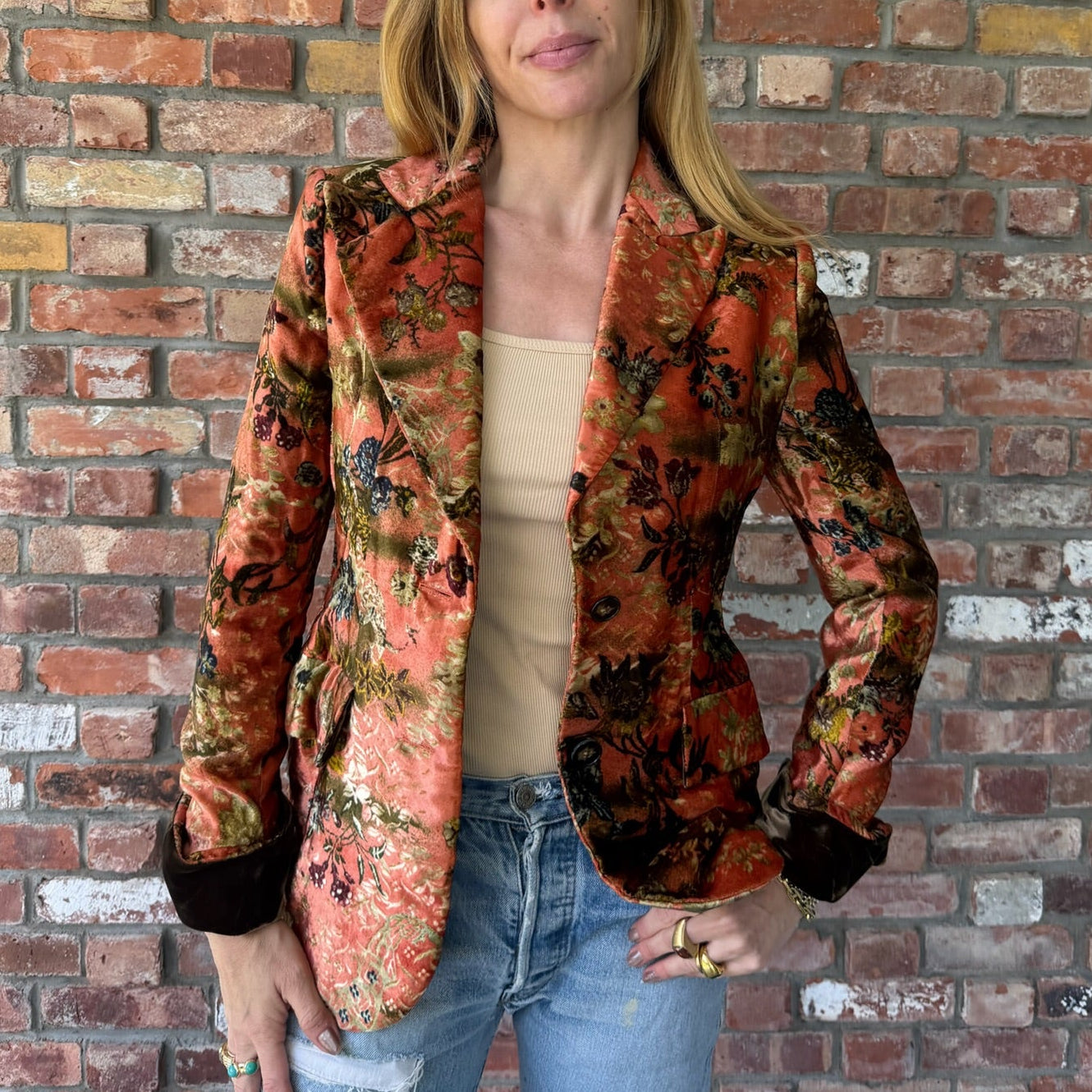 Late 1980s to Early 1990s Bill Blass Apricot Velvet Floral Blazer
