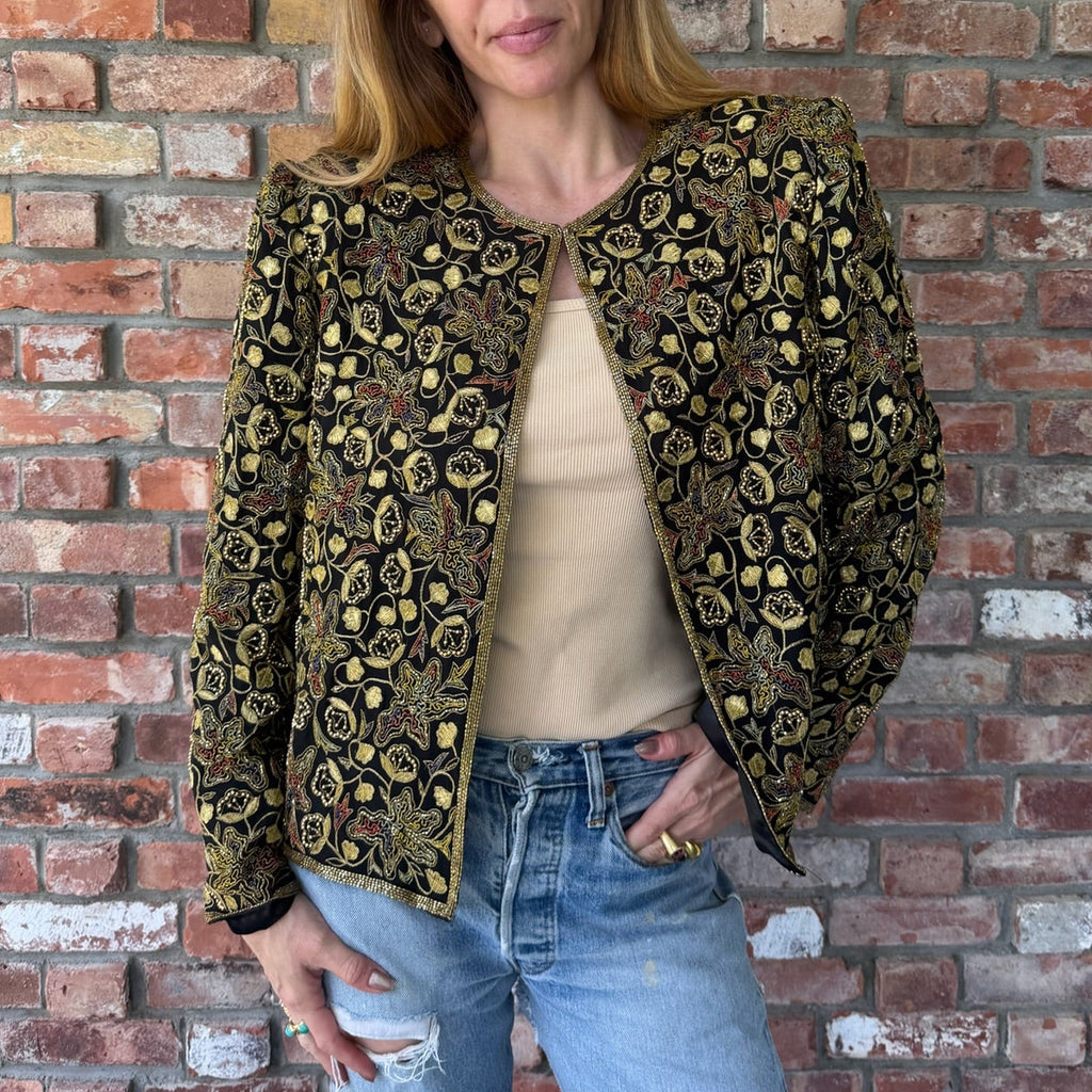 Late 1980s to Early 1990s Black Silk Evening Jacket with Gold Embroidery