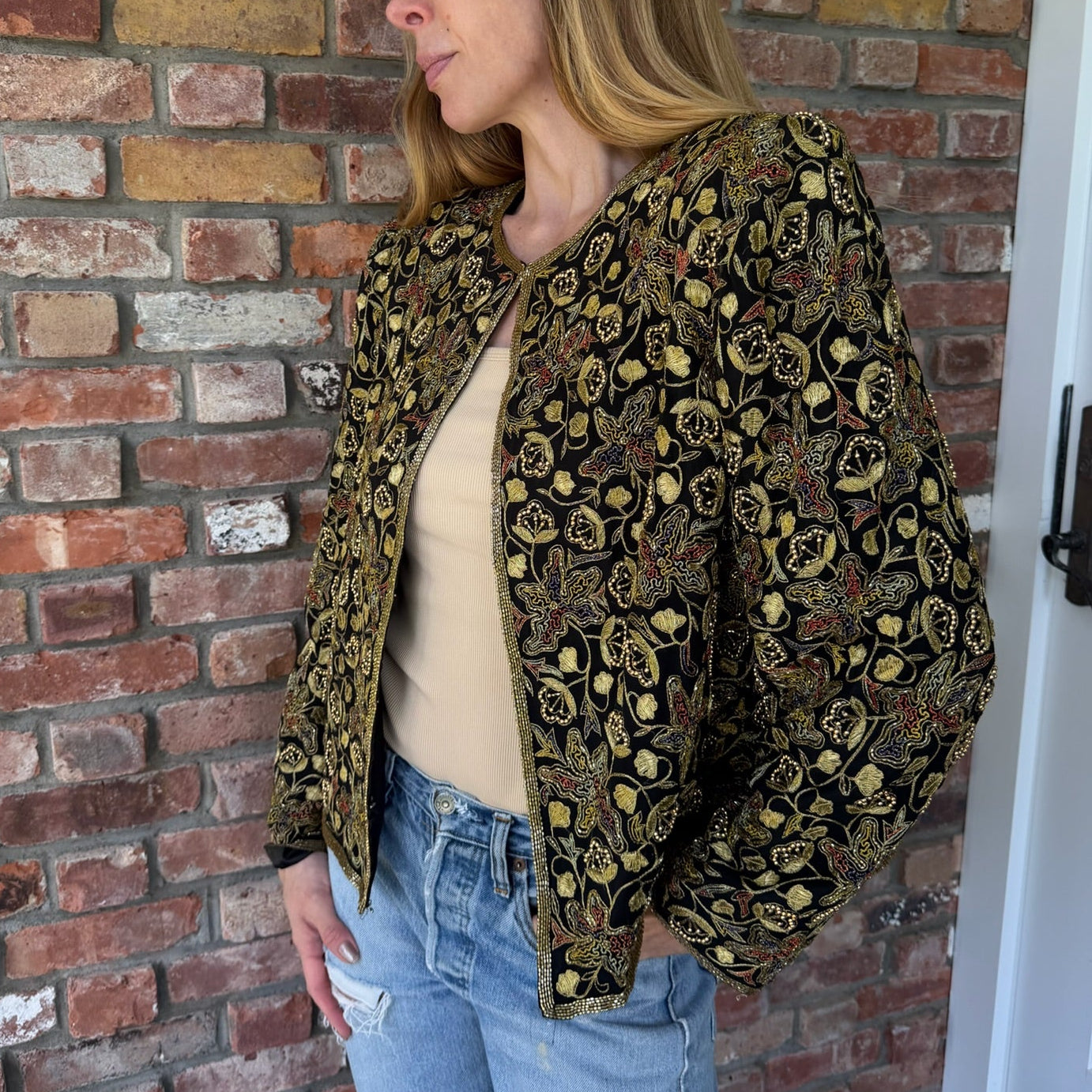 Late 1980s to Early 1990s Black Silk Evening Jacket with Gold Embroidery