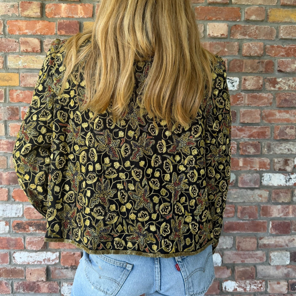 Late 1980s to Early 1990s Black Silk Evening Jacket with Gold Embroidery
