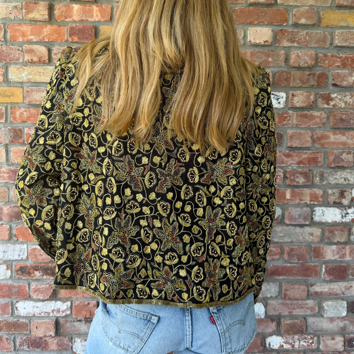 Late 1980s to Early 1990s Black Silk Evening Jacket with Gold Embroidery