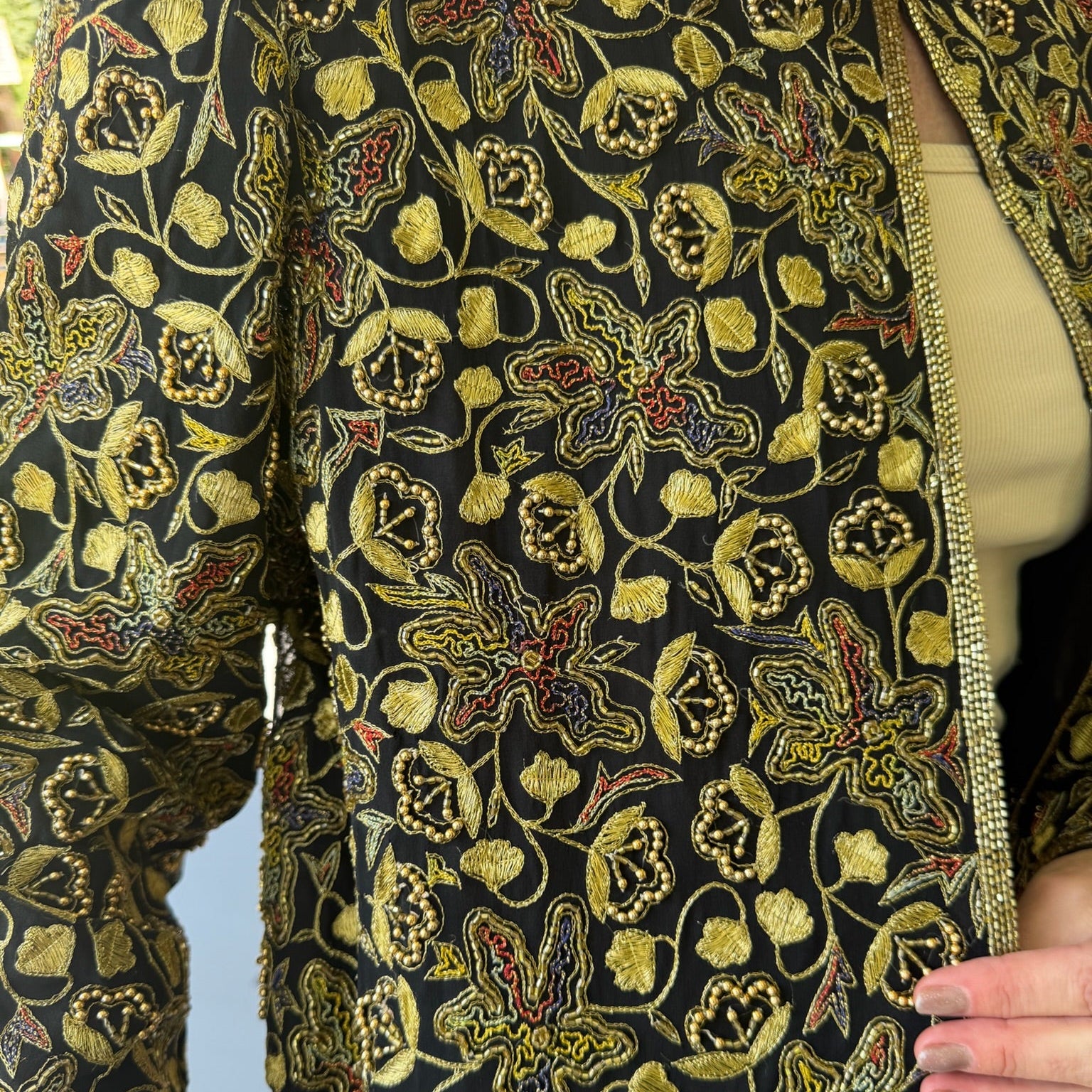 Late 1980s to Early 1990s Black Silk Evening Jacket with Gold Embroidery
