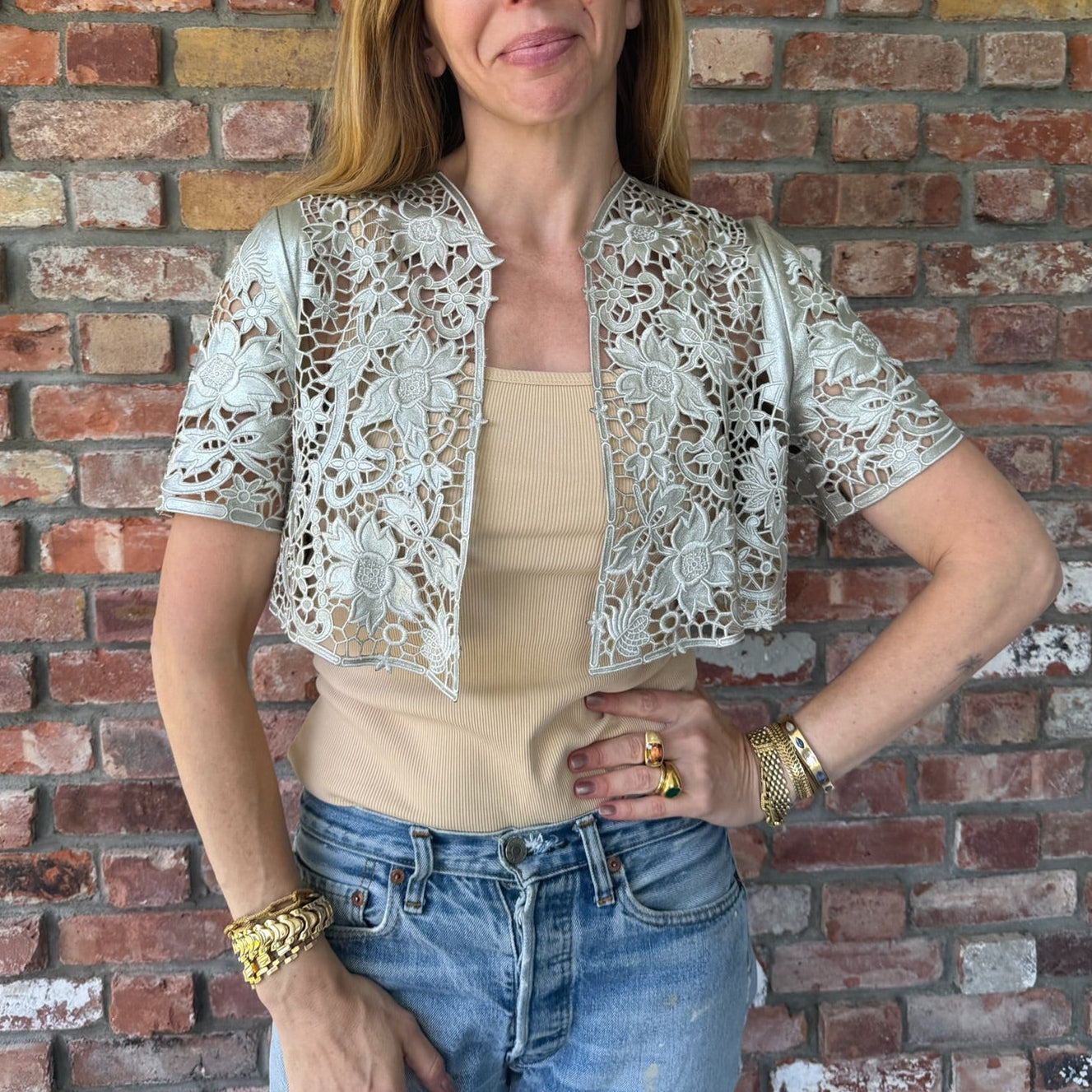 Late 1990s to Early 2000s Laser-cut Metallic Leather Bolero