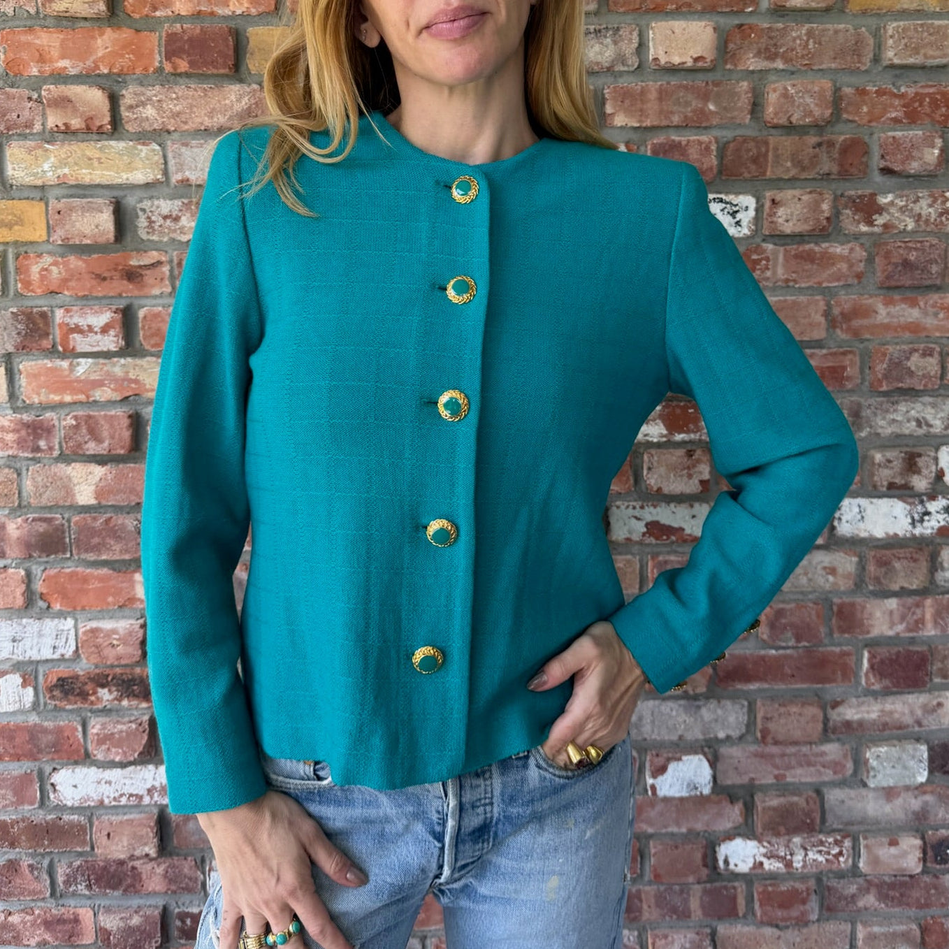 Late 1980s to Early 1990s St. John Turquoise Knit Jacket