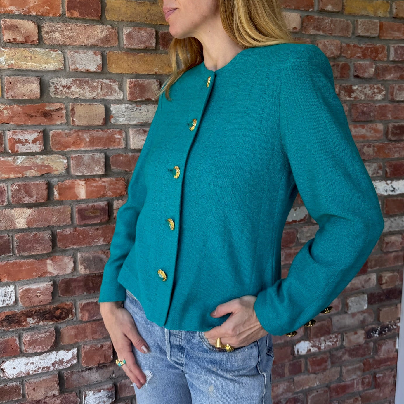 Late 1980s to Early 1990s St. John Turquoise Knit Jacket