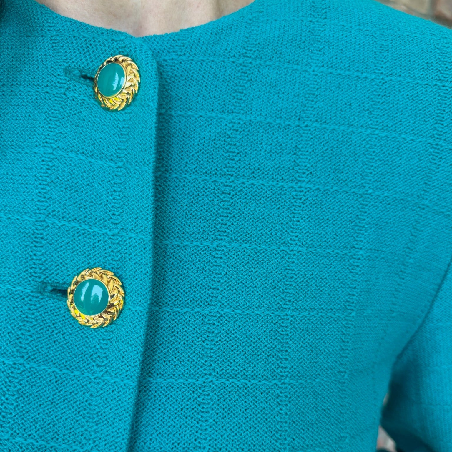 Late 1980s to Early 1990s St. John Turquoise Knit Jacket