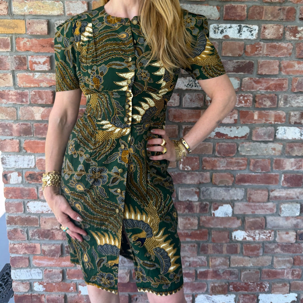 Late 1960s to Early 1970s Green Patterned Day Dress