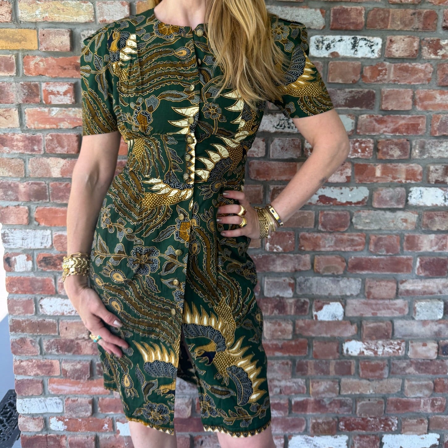 Late 1960s to Early 1970s Green Patterned Day Dress