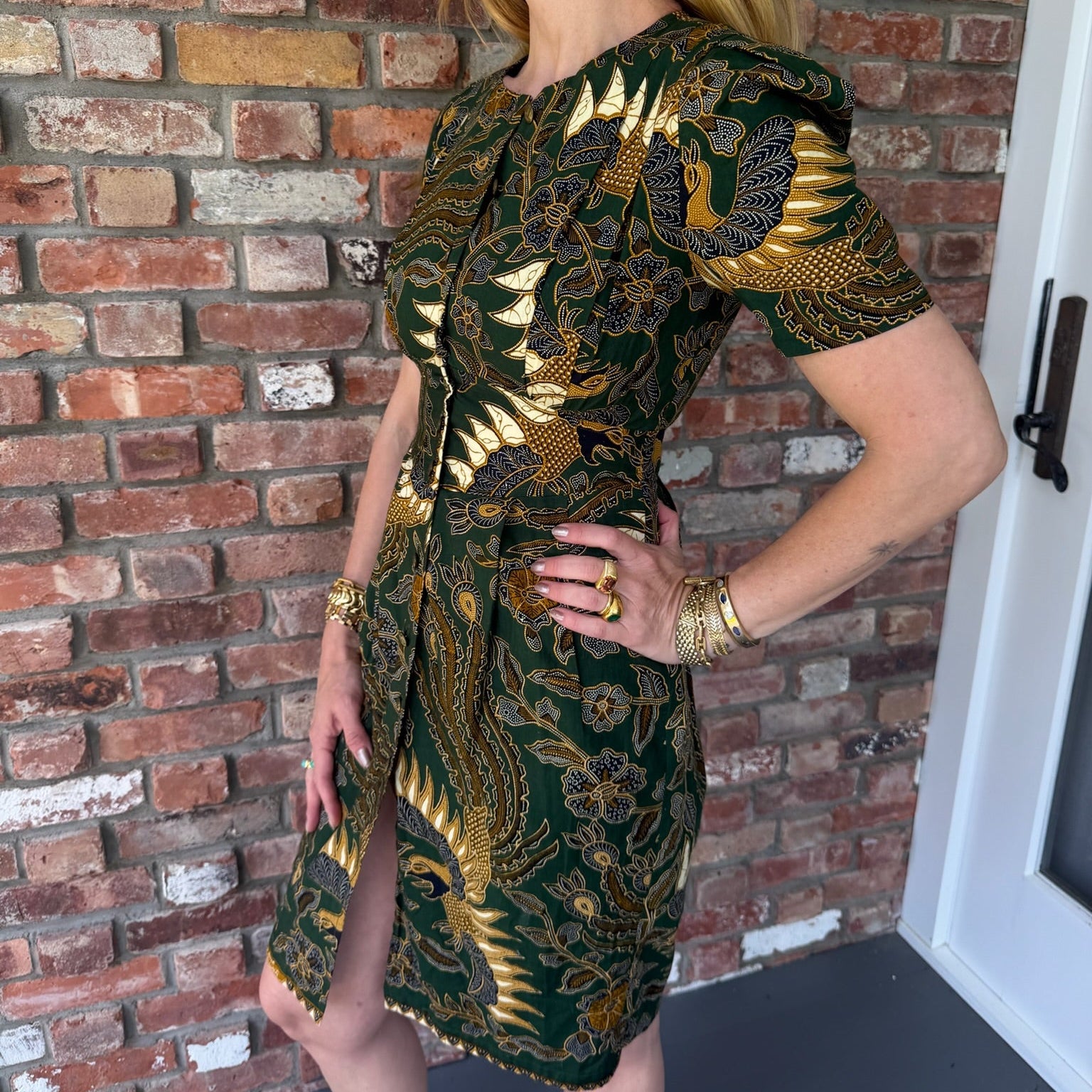 Late 1960s to Early 1970s Green Patterned Day Dress