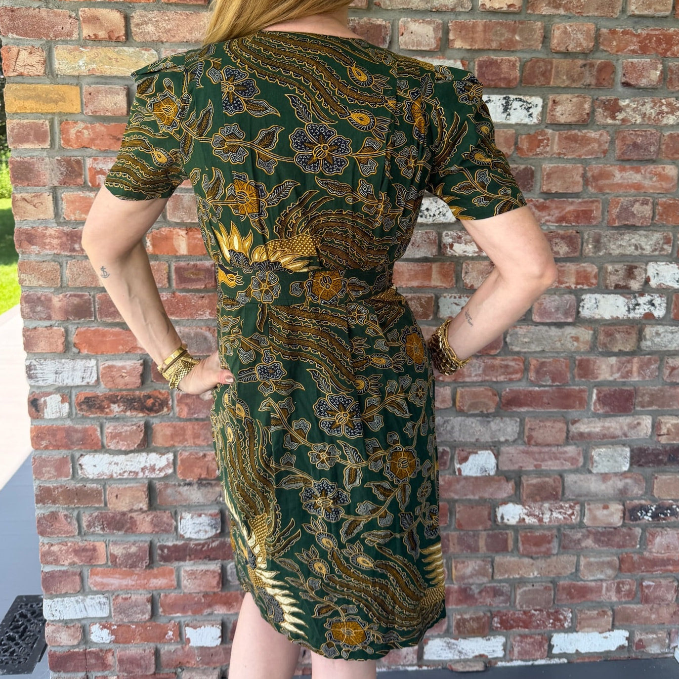 Late 1960s to Early 1970s Green Patterned Day Dress