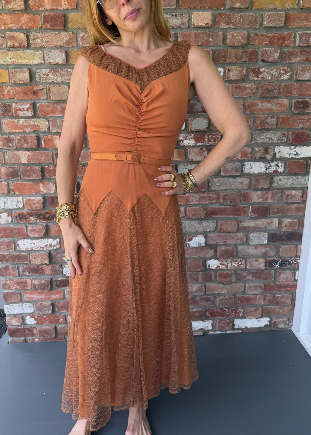 1940s Burnt Orange Crepe and Lace Midi Belted Gown