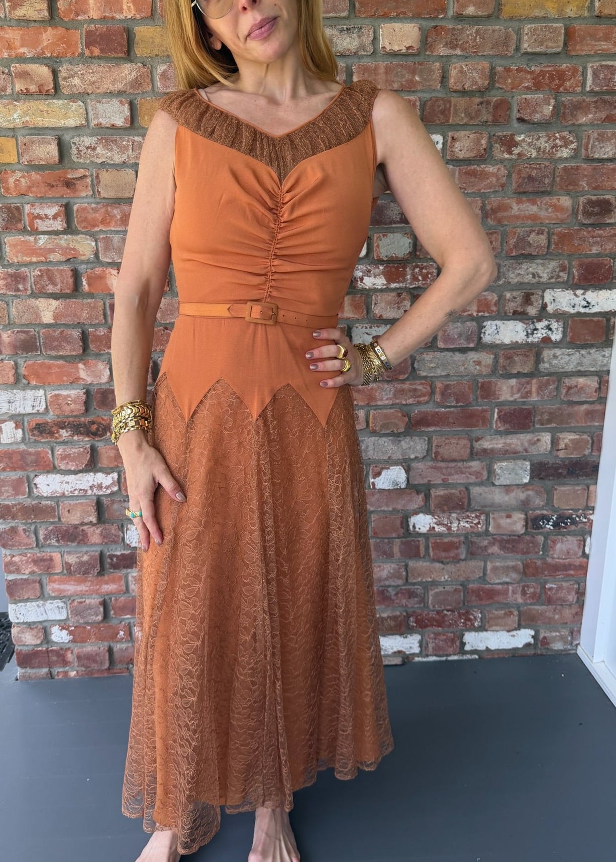 1940s Burnt Orange Crepe and Lace Midi Belted Gown