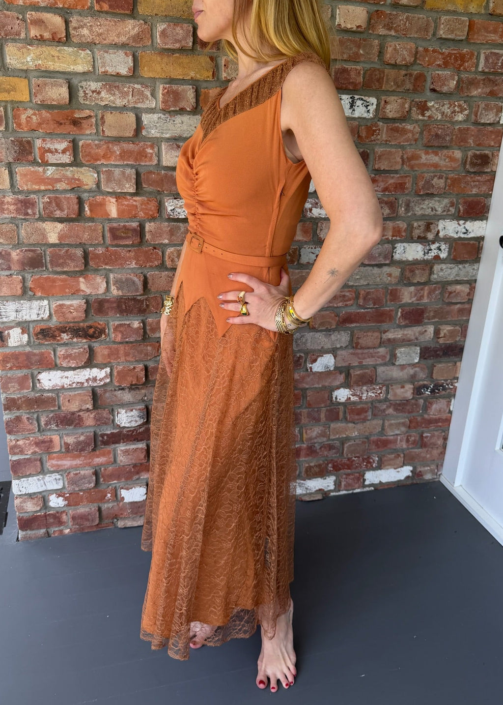 1940s Burnt Orange Crepe and Lace Midi Belted Gown