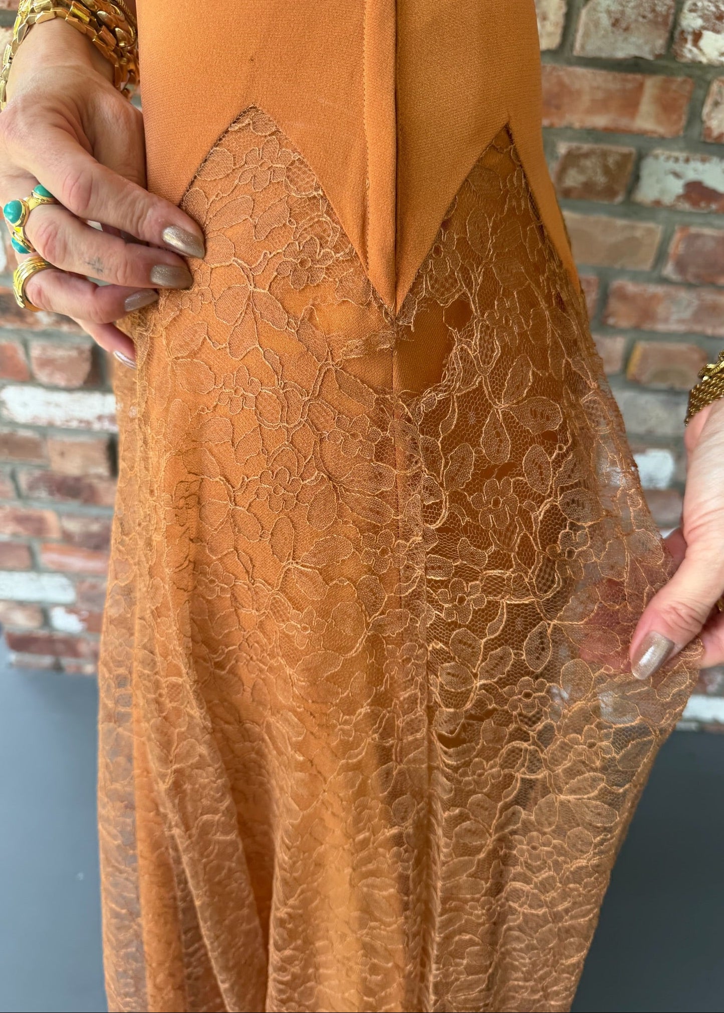 1940s Burnt Orange Crepe and Lace Midi Belted Gown