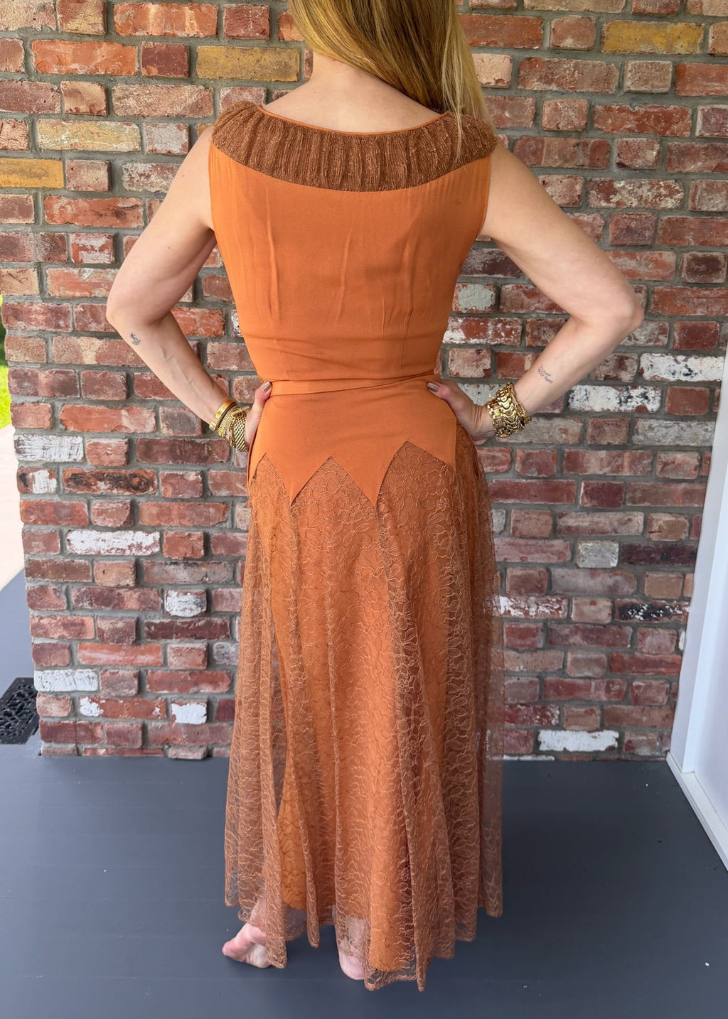 1940s Burnt Orange Crepe and Lace Midi Belted Gown