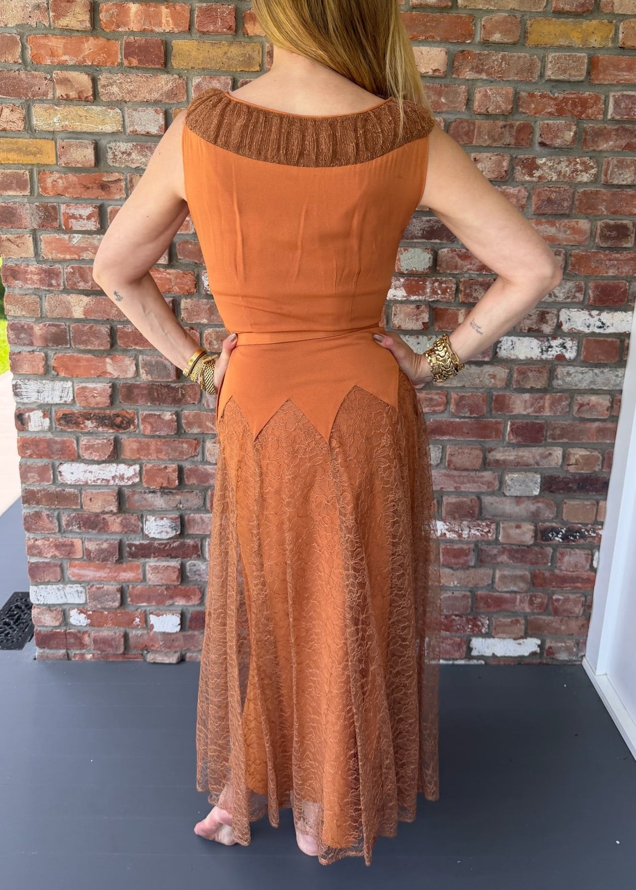 1940s Burnt Orange Crepe and Lace Midi Belted Gown
