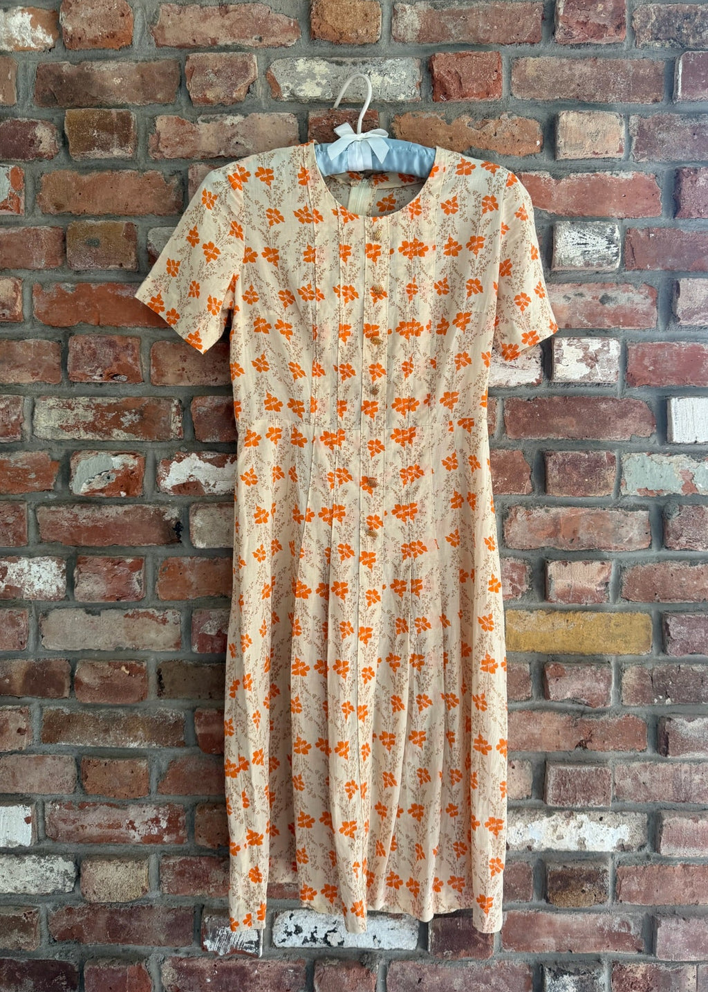 Late 1960s to Early 1970s Ivory Midi Dress with Orange Flowers