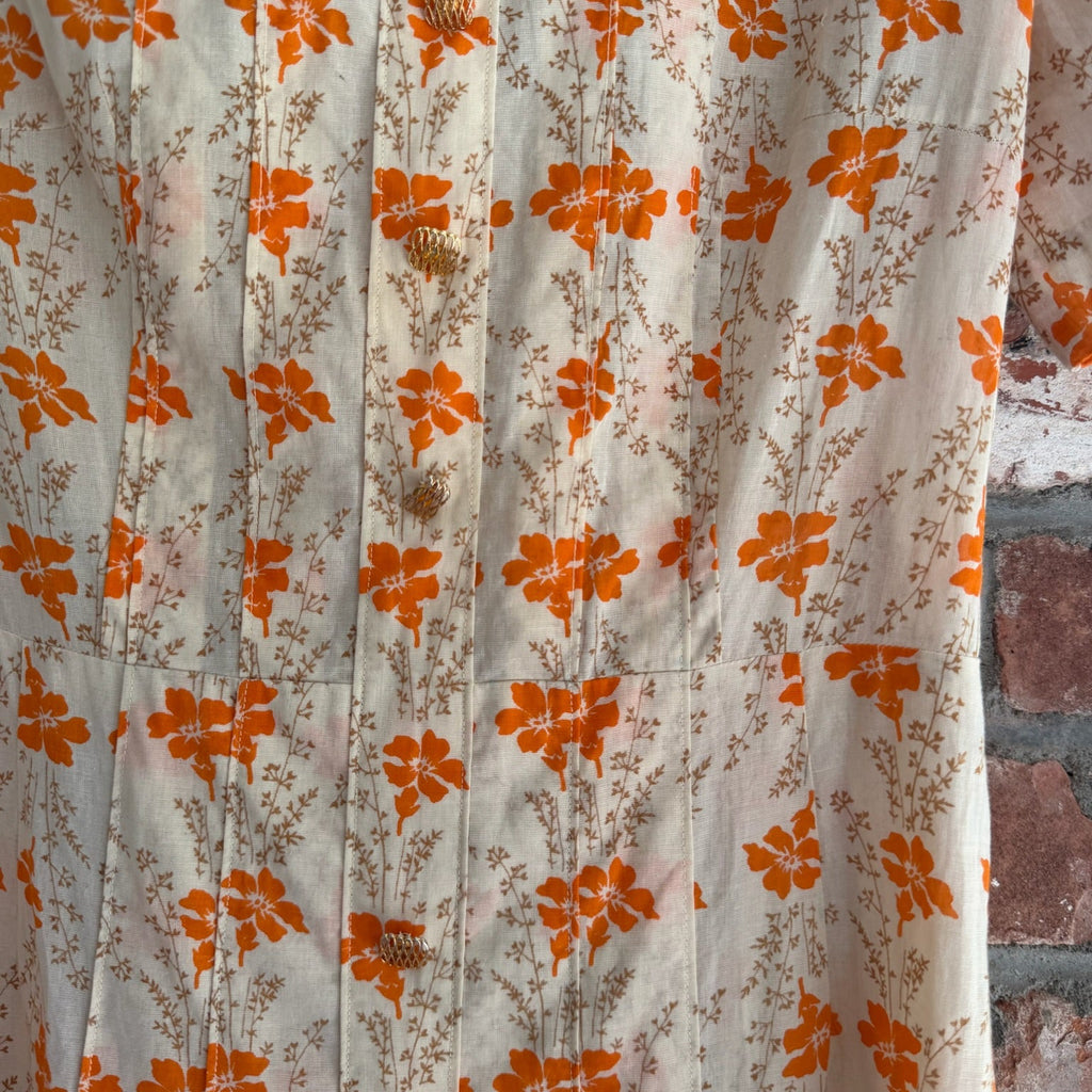 Late 1960s to Early 1970s Ivory Midi Dress with Orange Flowers