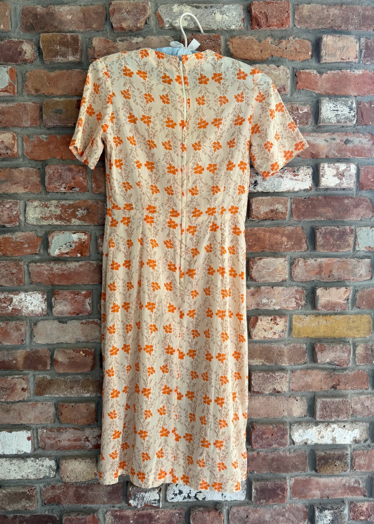 Late 1960s to Early 1970s Ivory Midi Dress with Orange Flowers