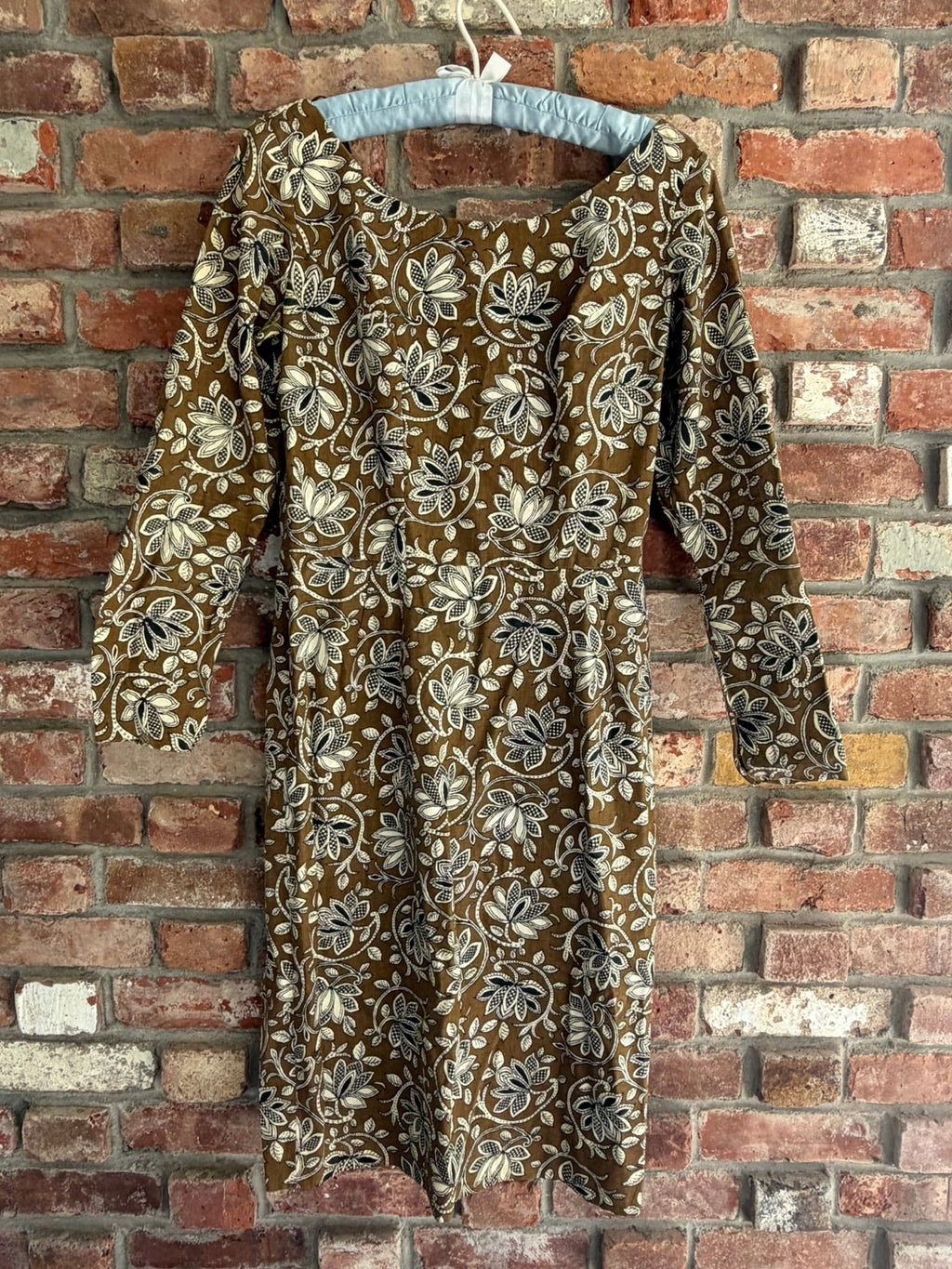 1960s to 1970s Olive Floral Print Midi Dress