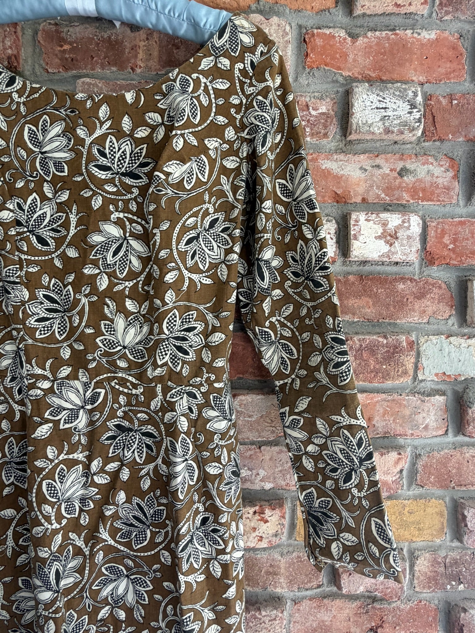1960s to 1970s Olive Floral Print Midi Dress