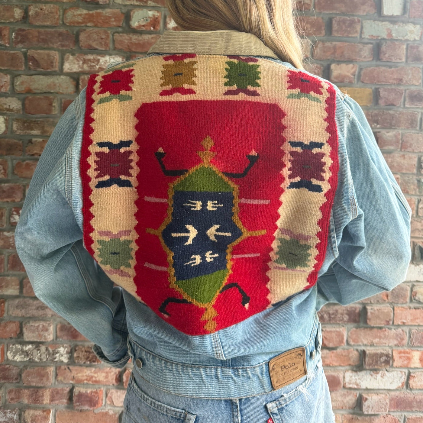 1990s Polo Ralph Lauren Denim Jacket with Southwestern Woven Panel Across the Back