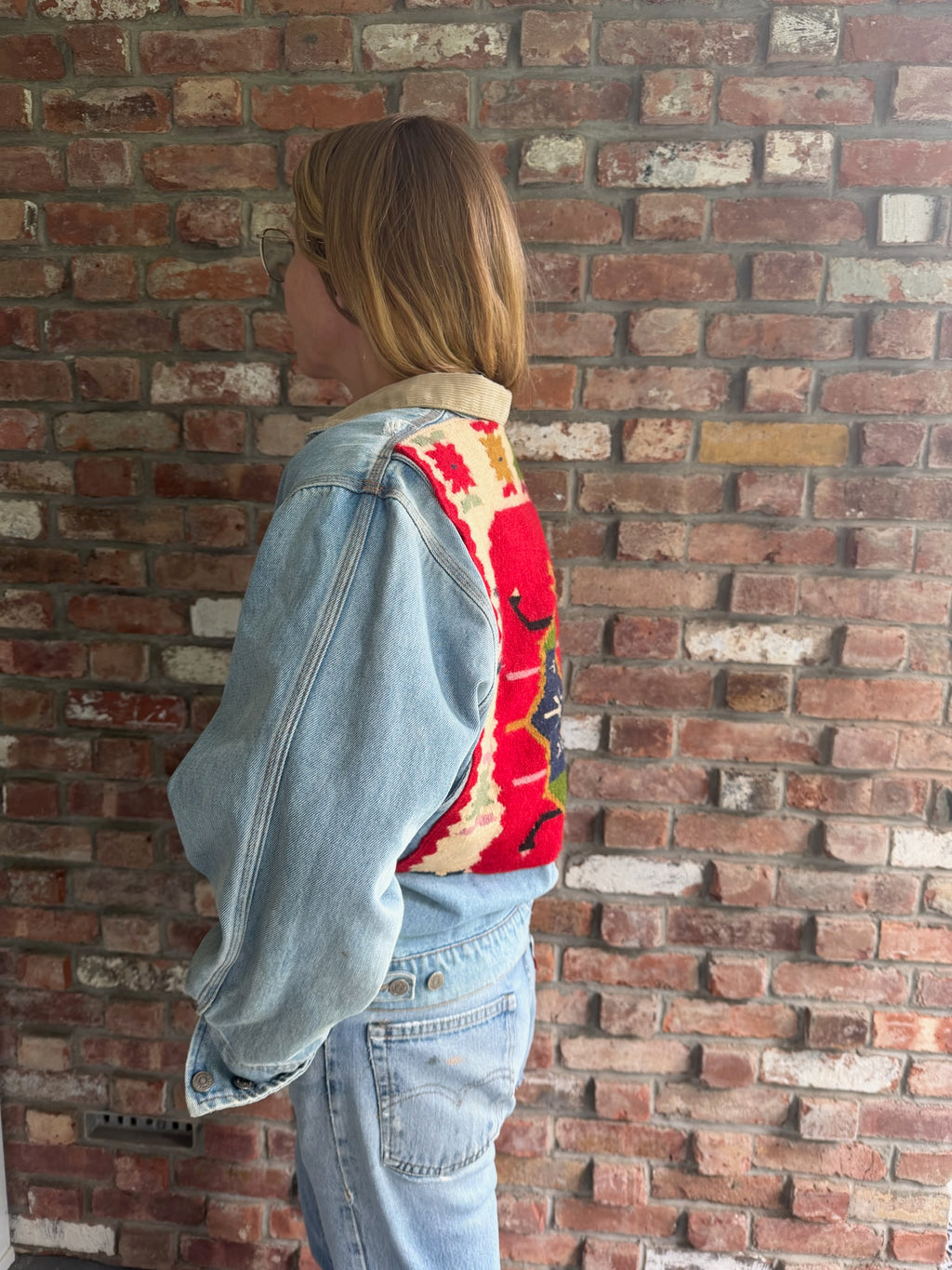 1990s Polo Ralph Lauren Denim Jacket with Southwestern Woven Panel Across the Back