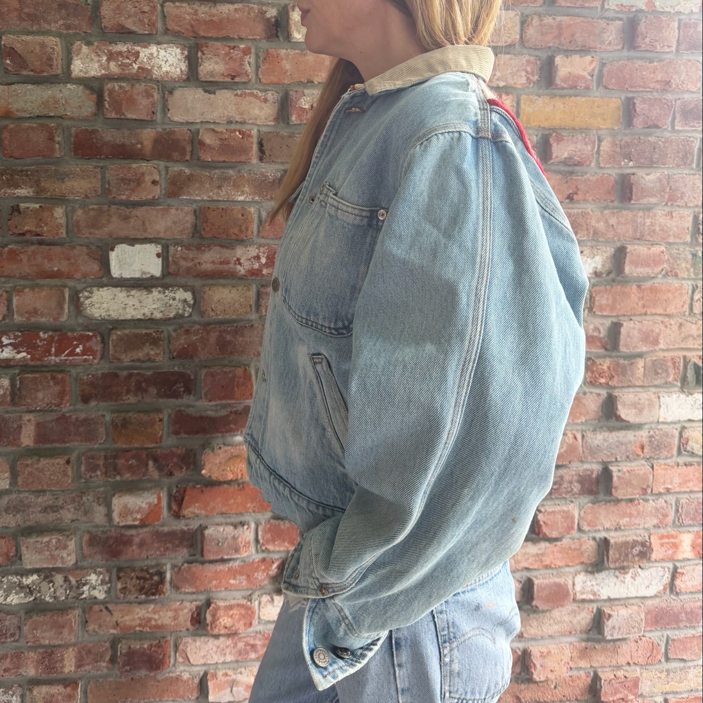 1990s Polo Ralph Lauren Denim Jacket with Southwestern Woven Panel Across the Back
