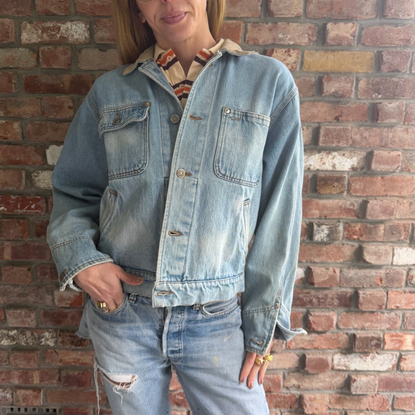 1990s Polo Ralph Lauren Denim Jacket with Southwestern Woven Panel Across the Back