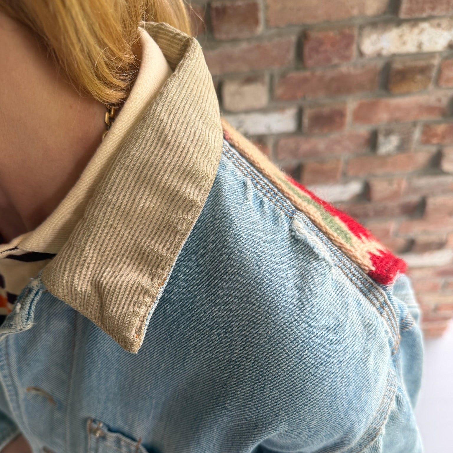 1990s Polo Ralph Lauren Denim Jacket with Southwestern Woven Panel Across the Back
