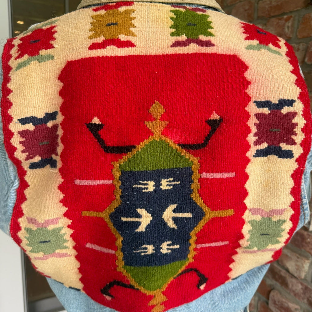 1990s Polo Ralph Lauren Denim Jacket with Southwestern Woven Panel Across the Back