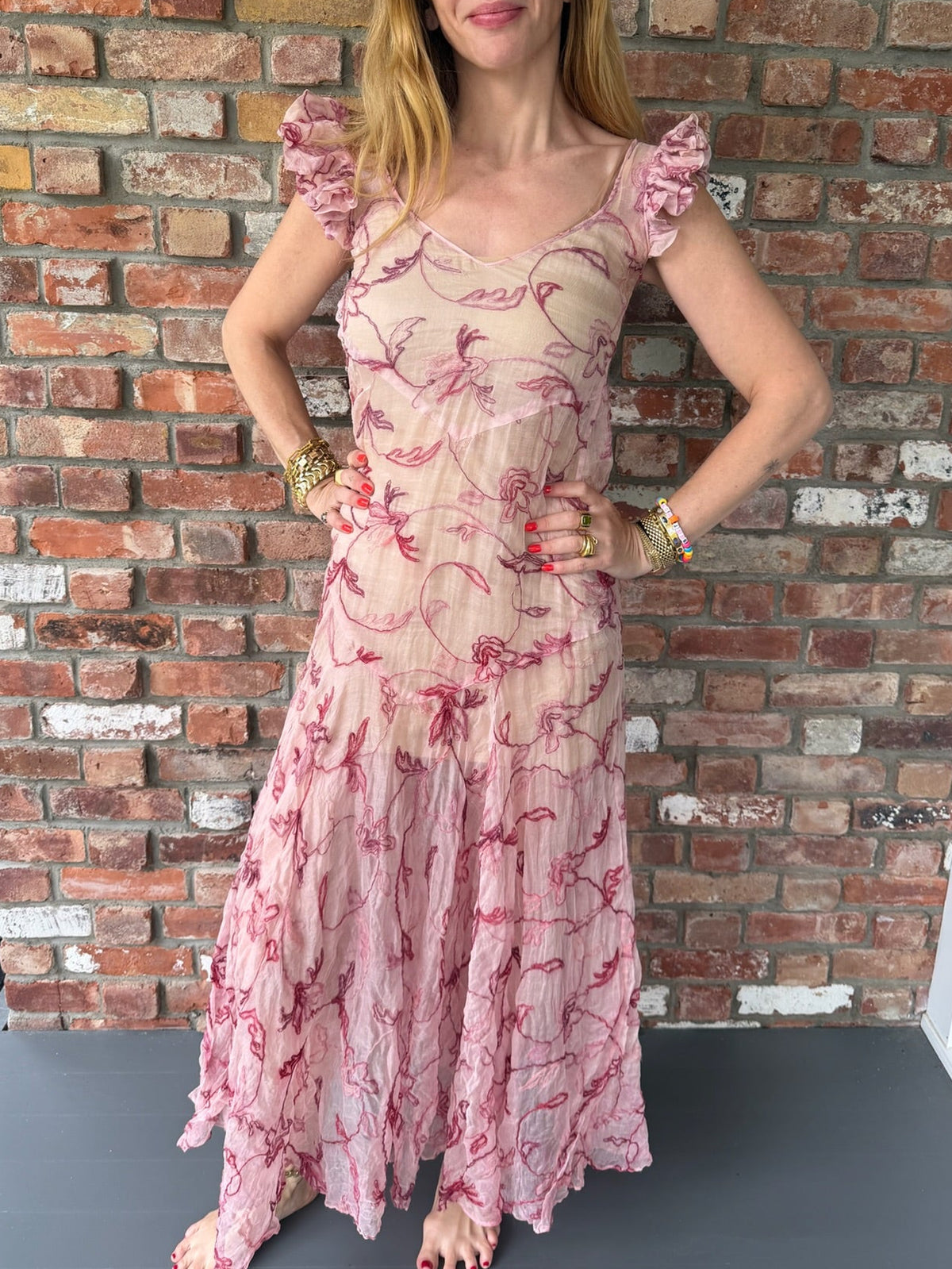 1930s Blush Embroidered Sheer Maxi Dress