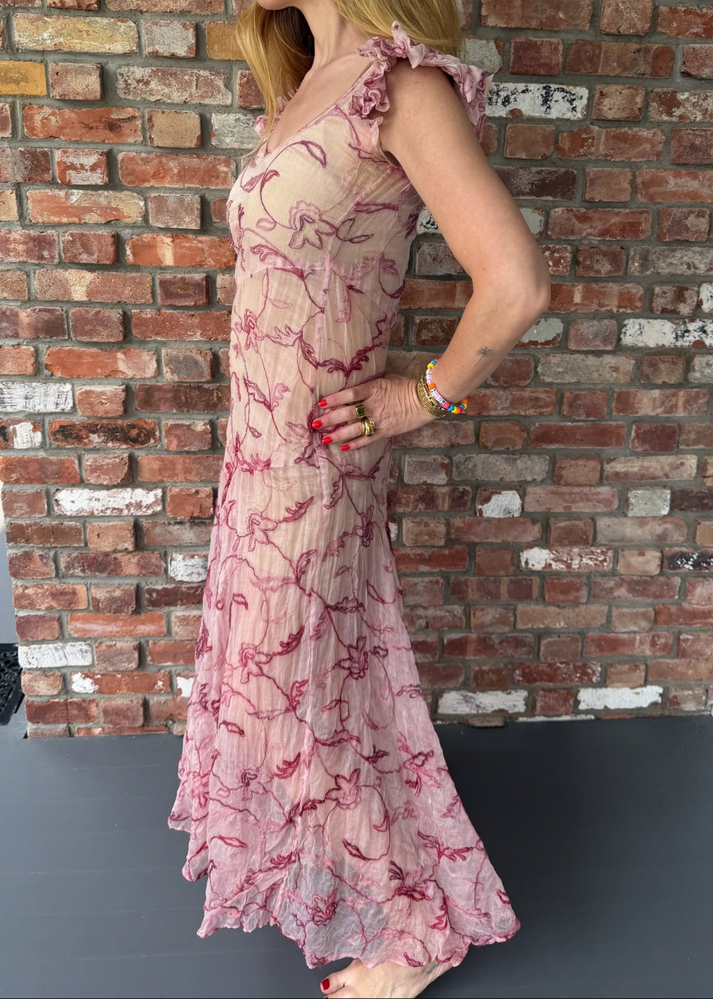 1930s Blush Embroidered Sheer Maxi Dress