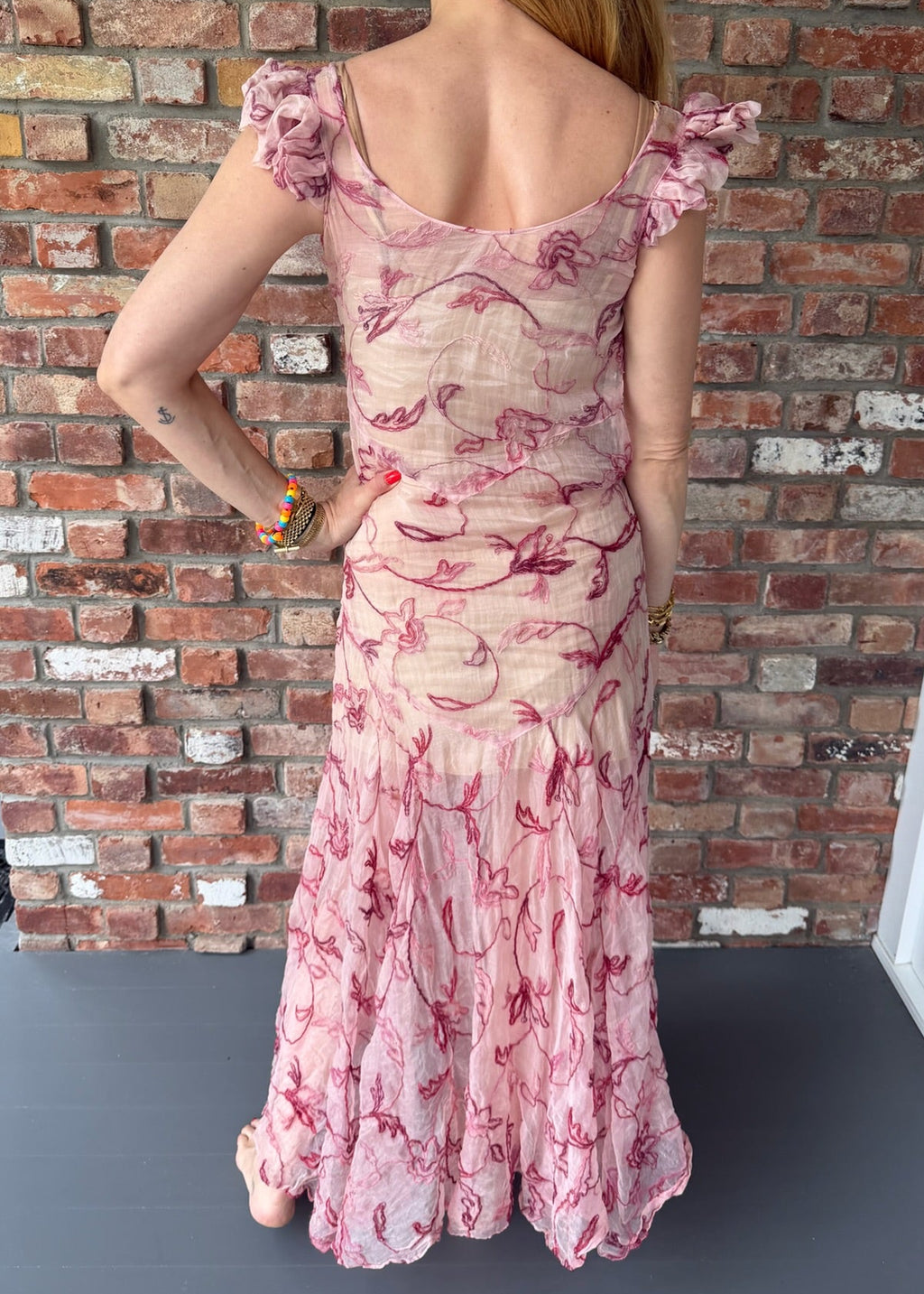 1930s Blush Embroidered Sheer Maxi Dress