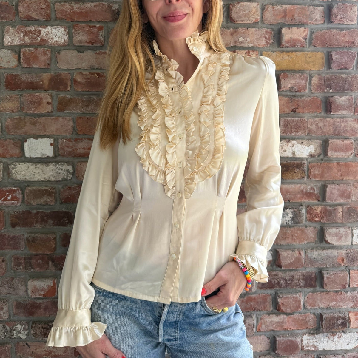 1970s - 1980s Ivory Satin Ruffle Tuxedo Blouse