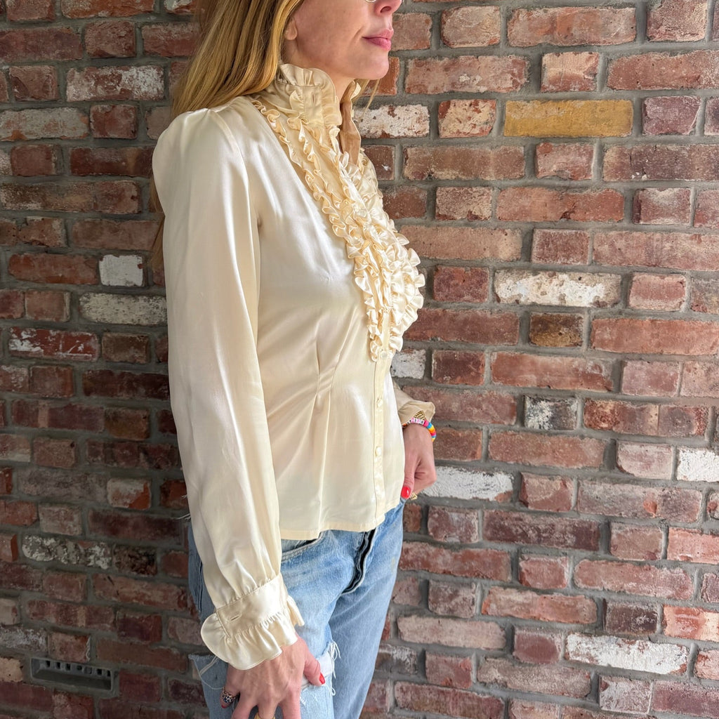 1970s - 1980s Ivory Satin Ruffle Tuxedo Blouse