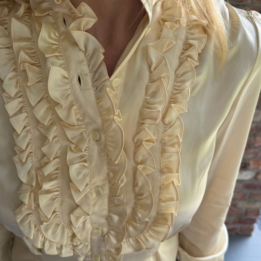 1970s - 1980s Ivory Satin Ruffle Tuxedo Blouse
