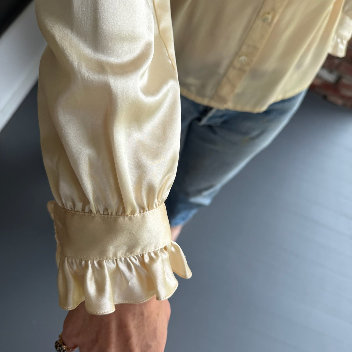 1970s - 1980s Ivory Satin Ruffle Tuxedo Blouse