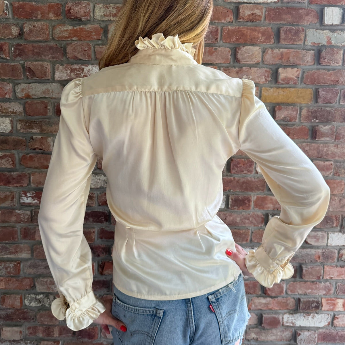 1970s - 1980s Ivory Satin Ruffle Tuxedo Blouse