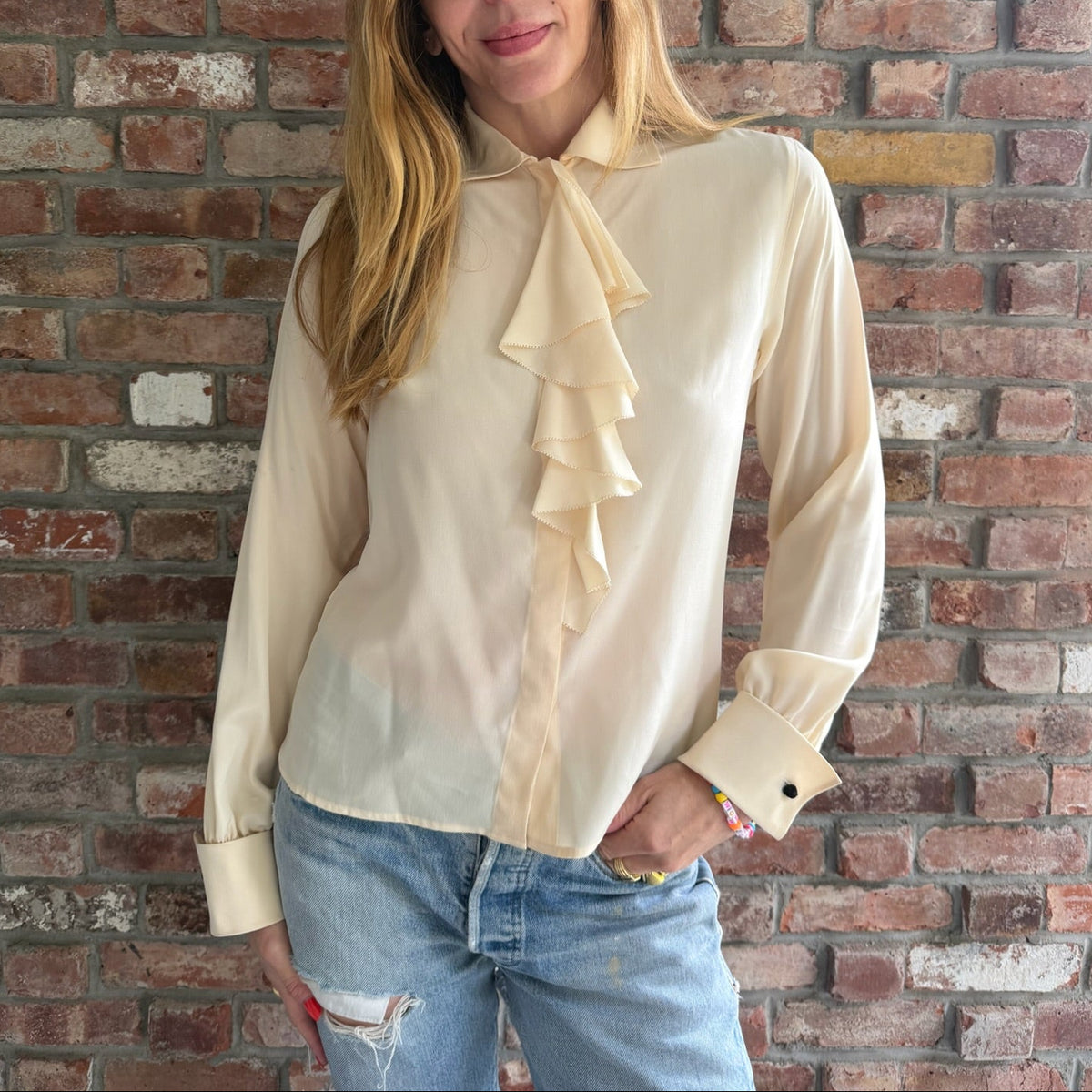 1970s Ivory Ruffle Secretary Blouse