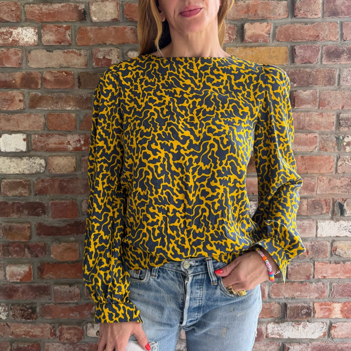 1980s - 1990s Vintage Mustard Yellow & Grey Abstract Print Blouse