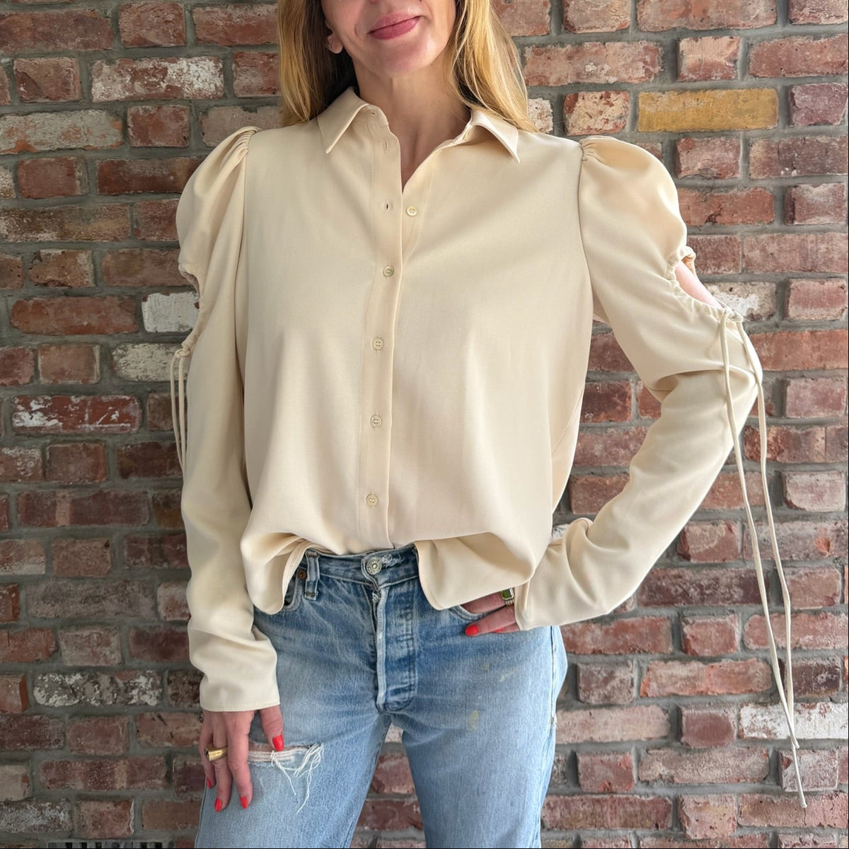 2000s See by Chloé Cream Cutout Puff Sleeve Blouse