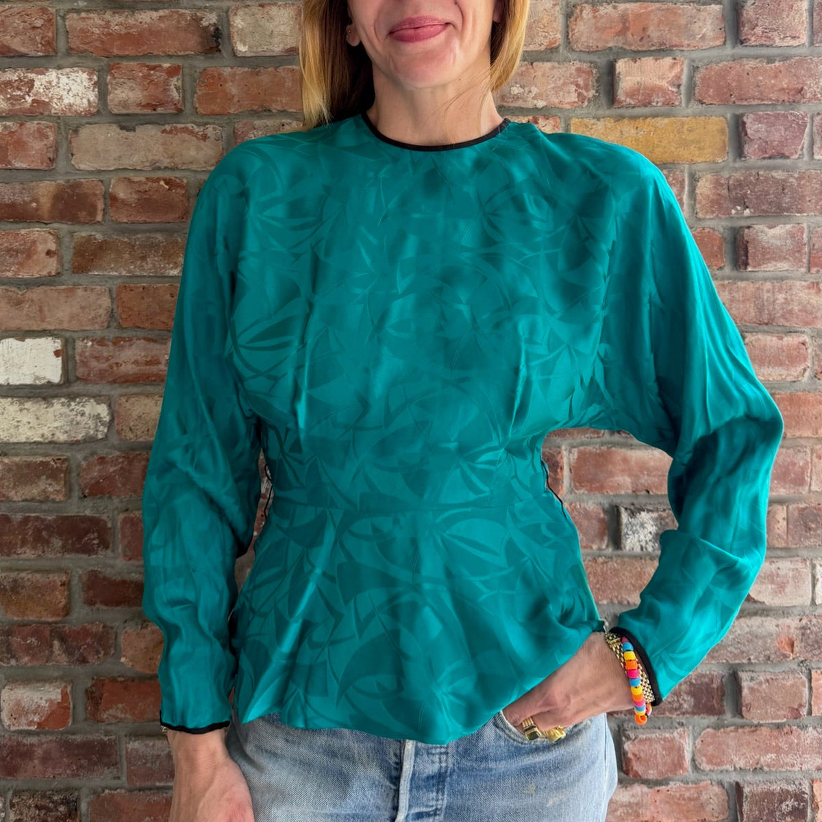 1980s Teal Jacquard Peplum Blouse with Back Buttons