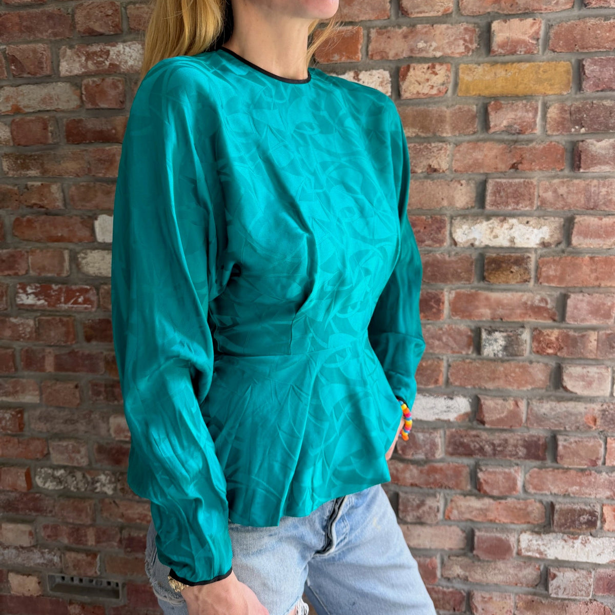 1980s Teal Jacquard Peplum Blouse with Back Buttons