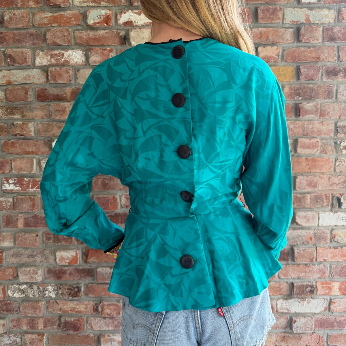 1980s Teal Jacquard Peplum Blouse with Back Buttons